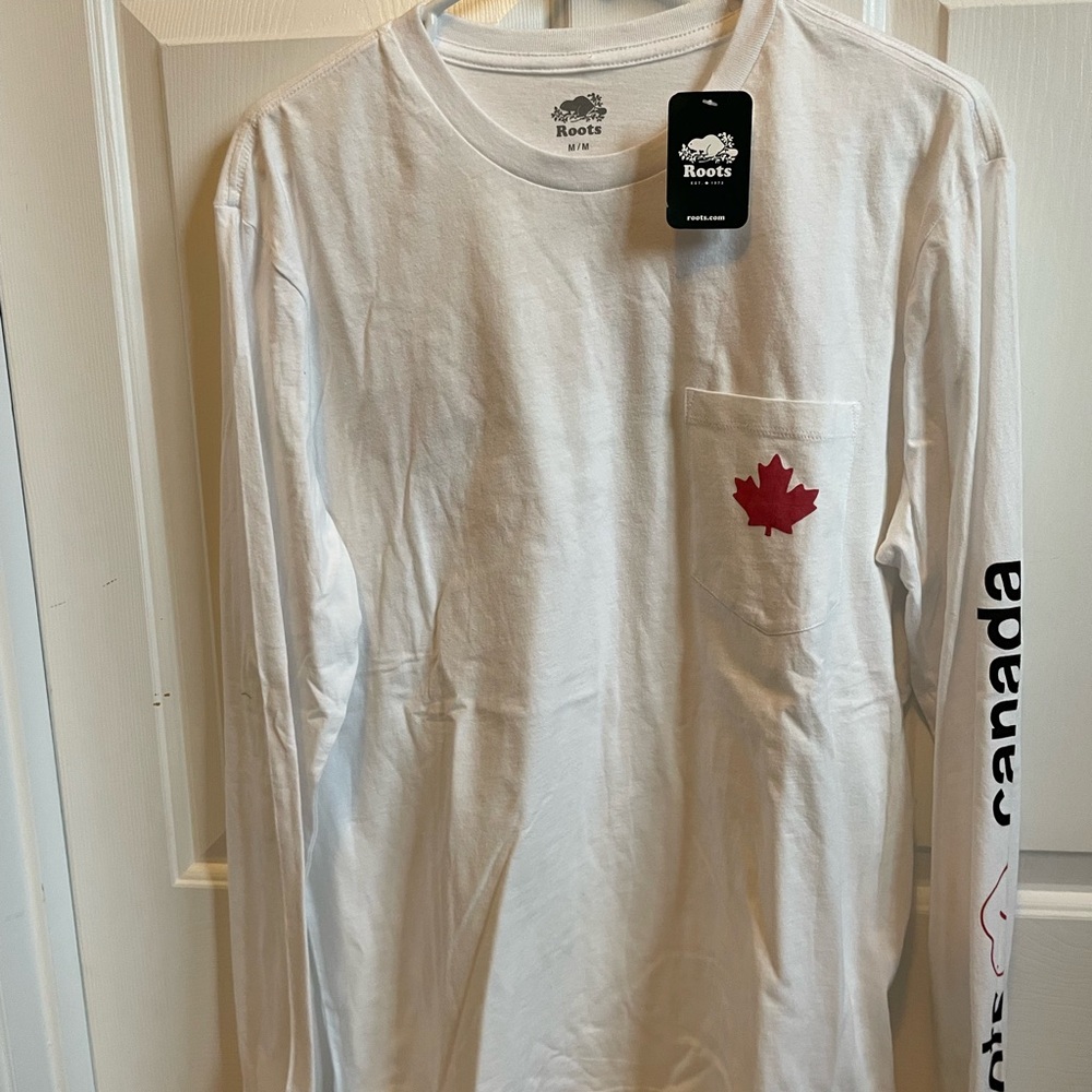 Roots White Long Sleeve Tee with Red Maple Leaf and Black Sleeve Print